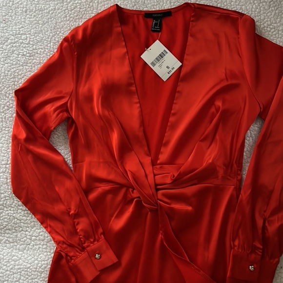NEW Forever 21 Satin Mini Dress w/Split (Tomato Color) - Picture 6 of 8